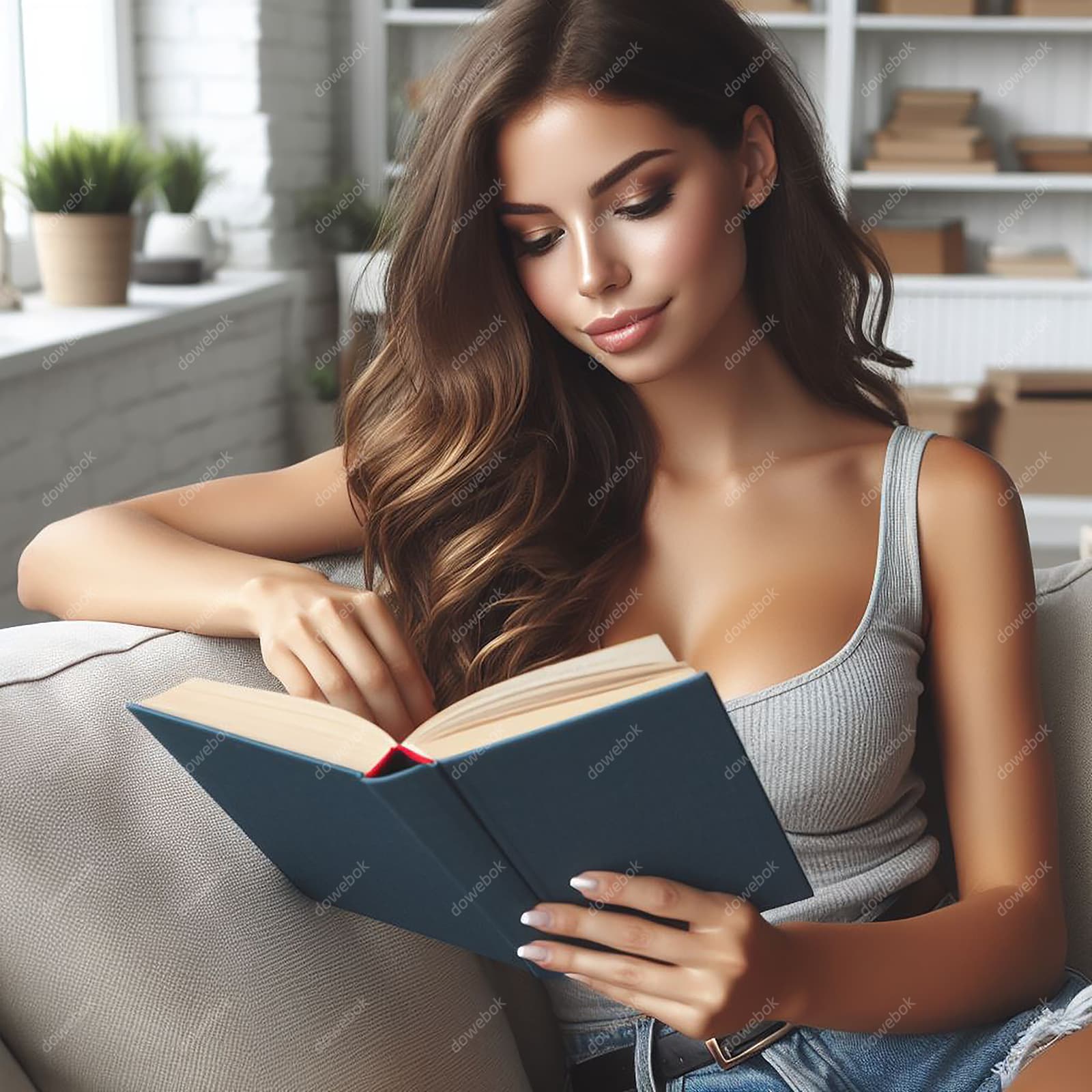 靠在沙发山看书的女孩高清图片素材(JPG)