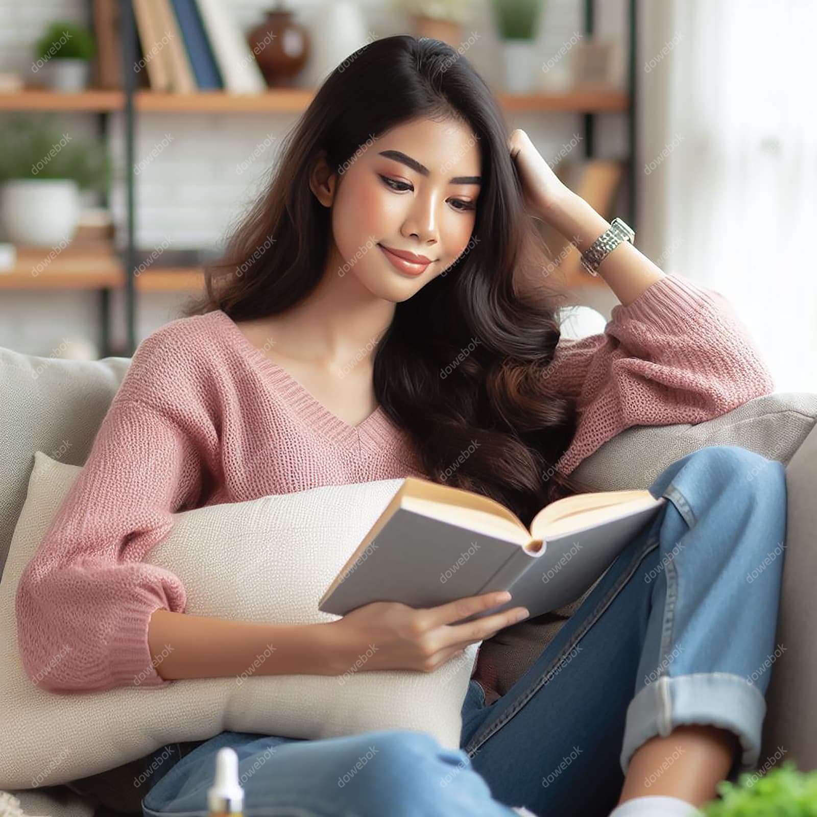 靠在沙发山看书的女孩高清图片素材(JPG)