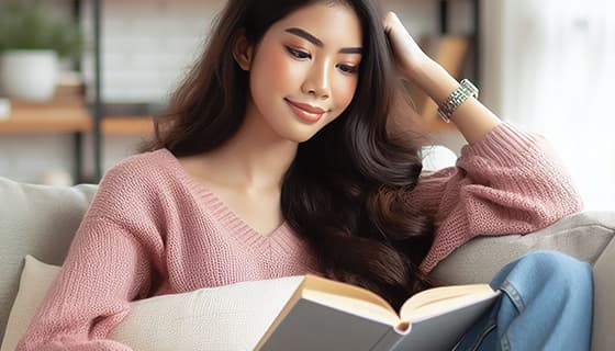 靠在沙发山看书的女孩高清图片素材(JPG)