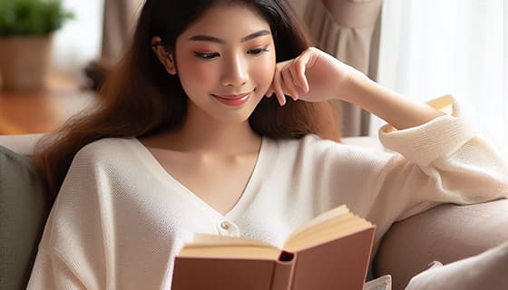 靠在沙发山看书的女孩高清图片素材(JPG)