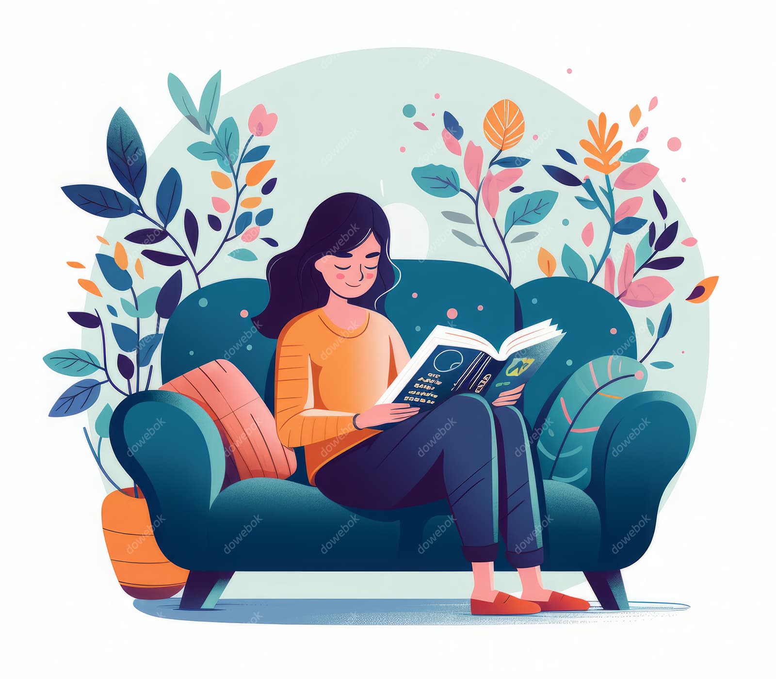 扁平多彩风格坐在沙发上看书的女孩图片素材(JPG)