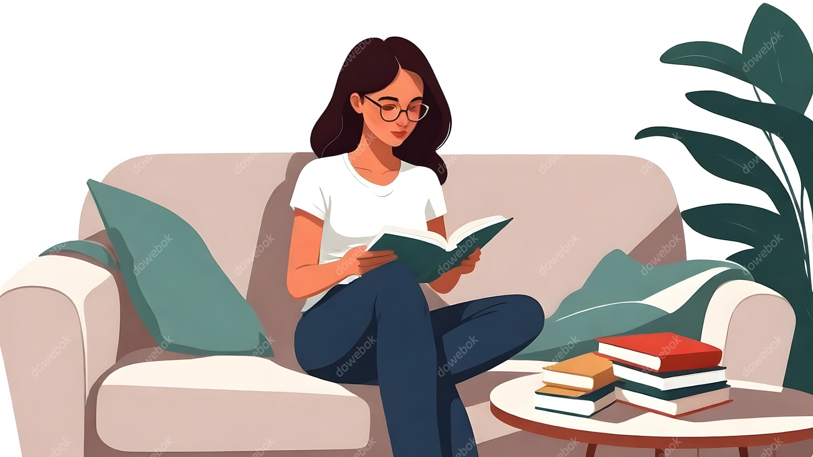 扁平风格坐在沙发上看书的女孩图片素材(JPG)