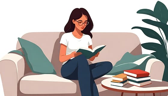 扁平风格坐在沙发上看书的女孩图片素材(JPG)