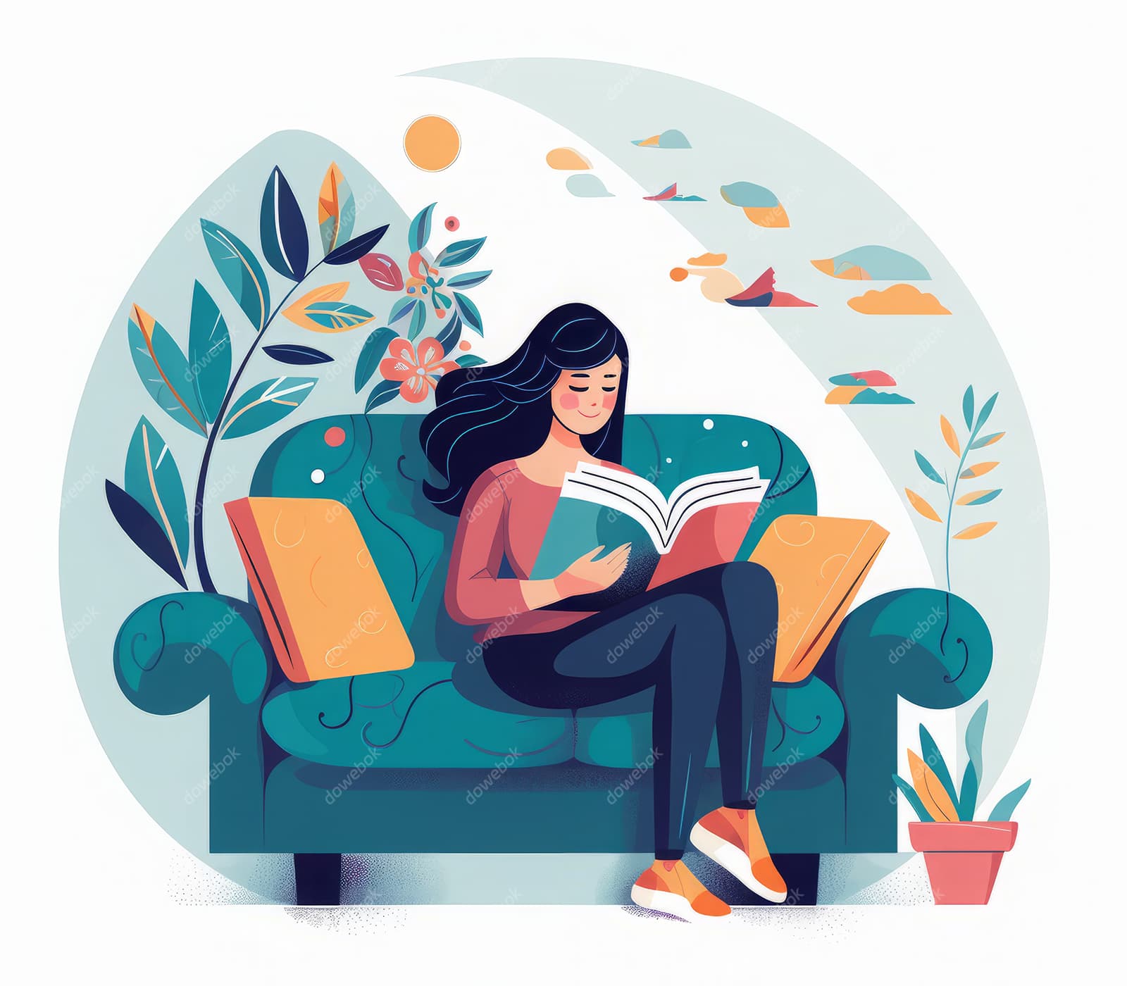 坐在沙发上看书的女孩多彩手绘插画素材(JPG)