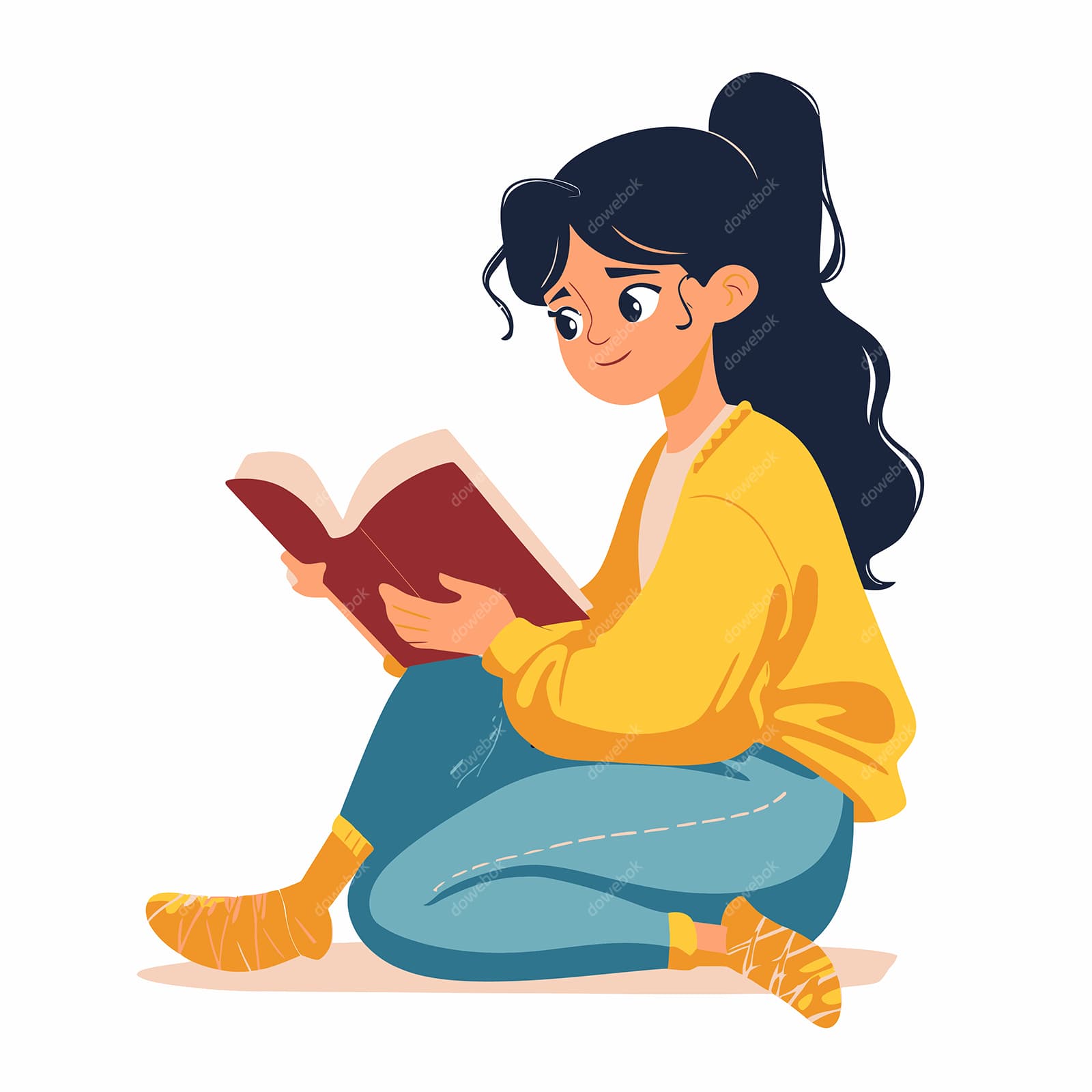 扁平风格坐在地上看书的女孩矢量素材(EPS)