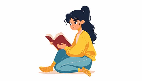 扁平风格坐在地上看书的女孩矢量素材(EPS)