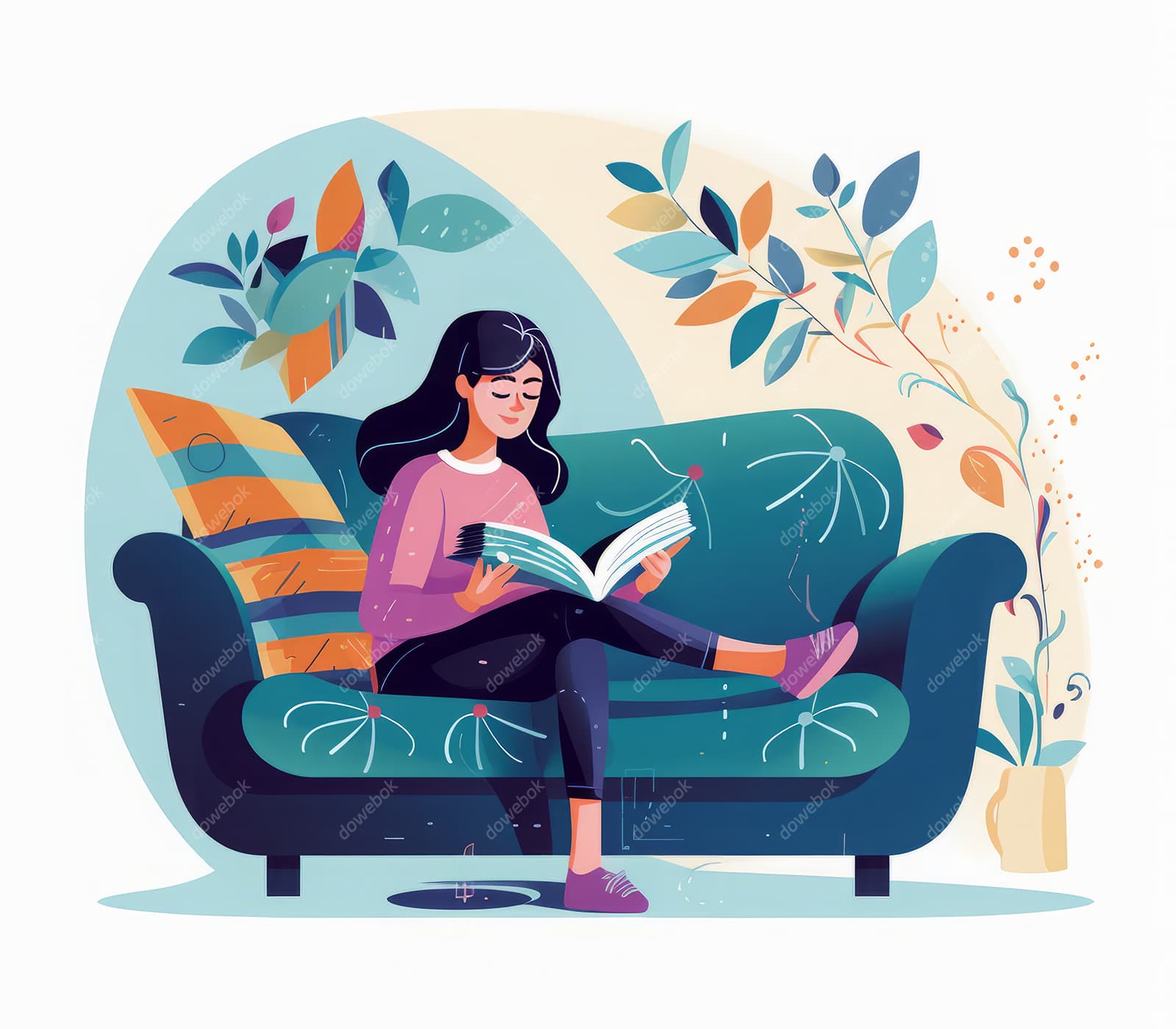 坐在沙发上翘着二郎腿看书的女孩插画矢量素材(JPG)