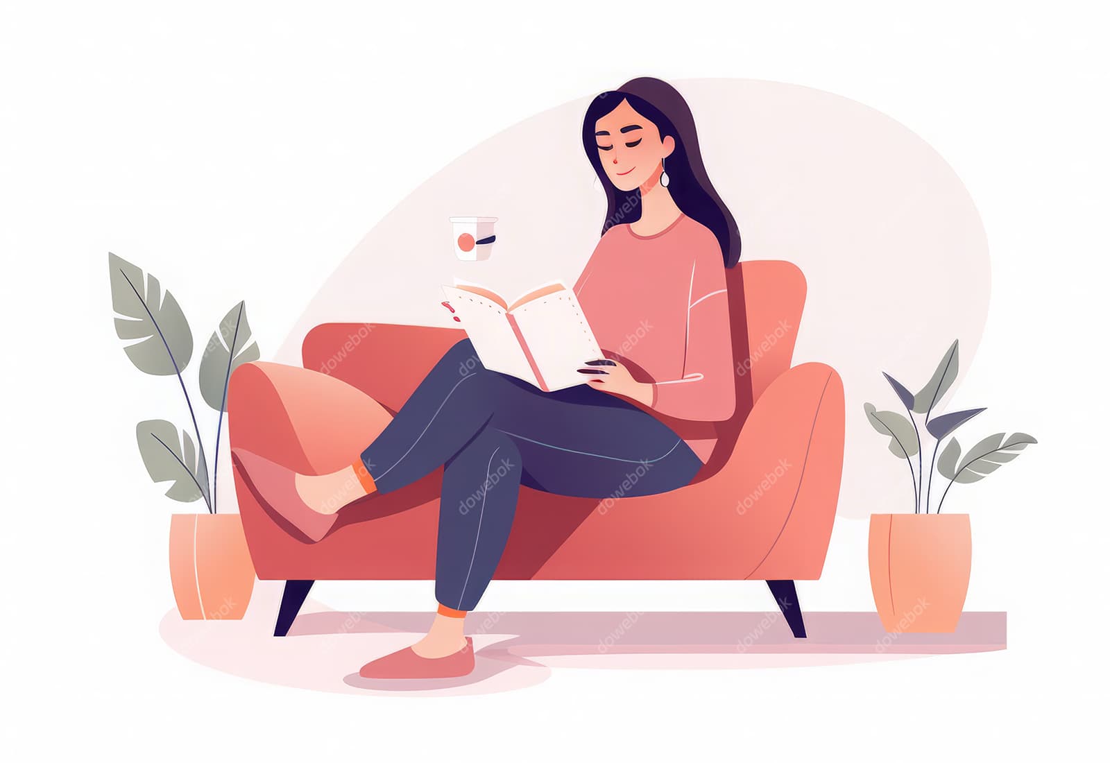 坐在沙发悠闲看书的女孩插画矢量素材(JPG)
