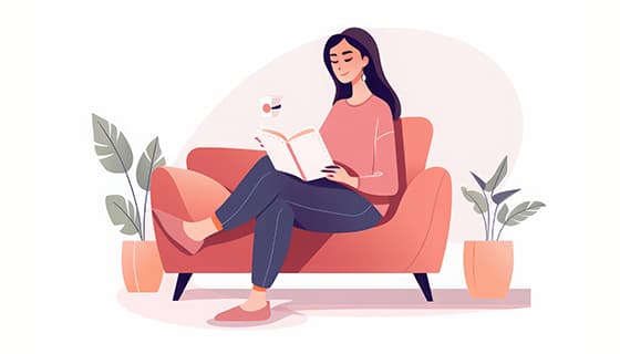 坐在沙发悠闲看书的女孩插画矢量素材(JPG)