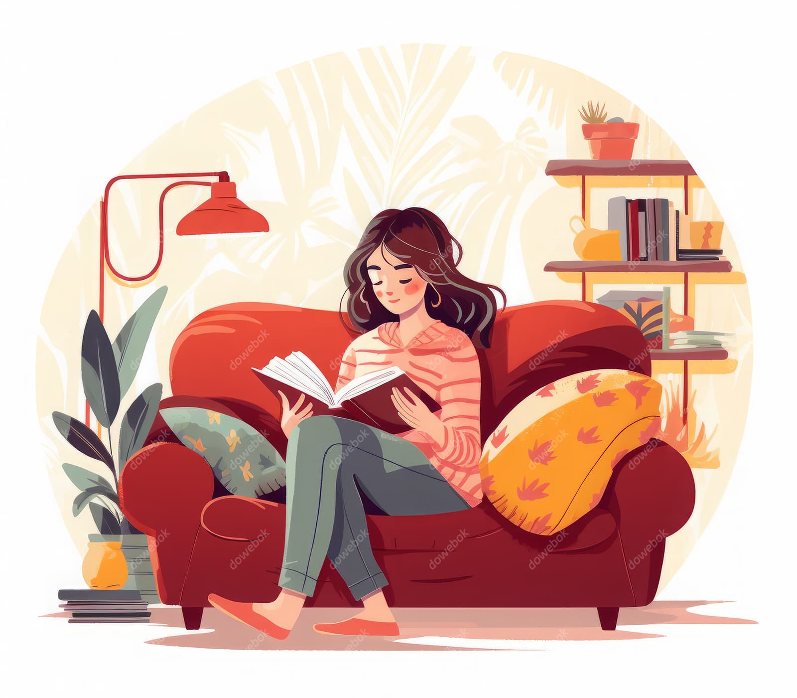 坐在沙发悠闲看书的女孩插画矢量素材(JPG)