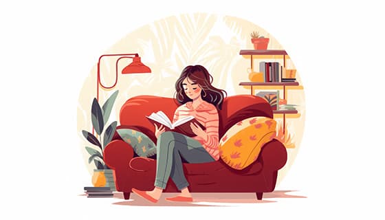 坐在沙发悠闲看书的女孩插画矢量素材(JPG)