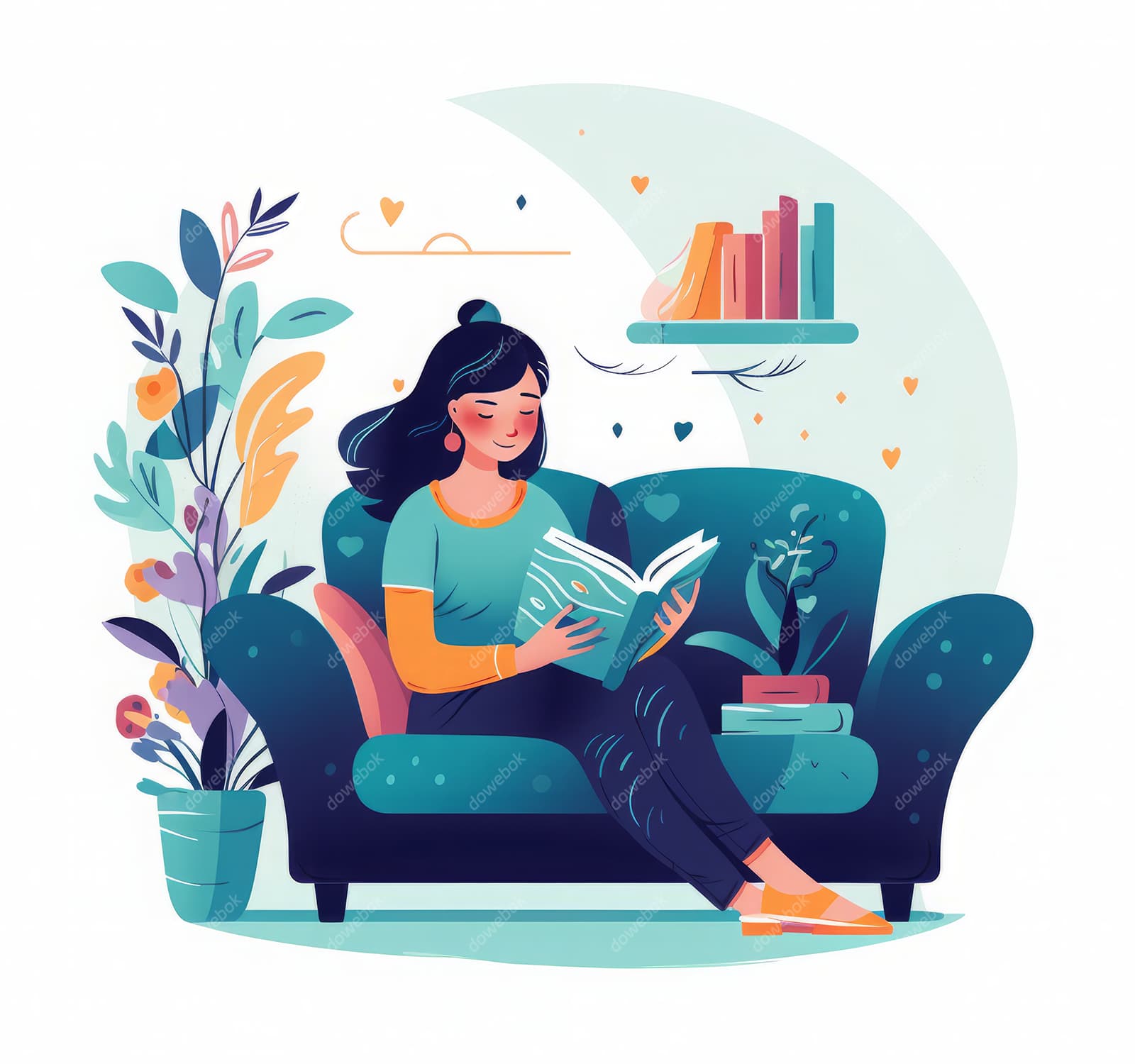 坐在沙发悠闲看书的女孩插画矢量素材(JPG)