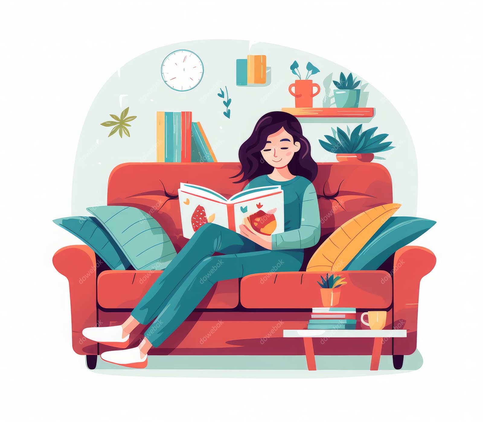 坐在沙发悠闲看书的女孩插画矢量素材(JPG)