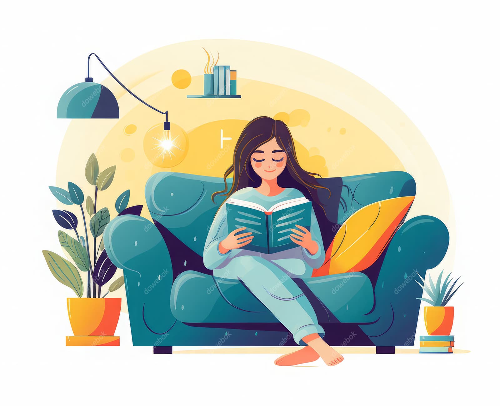 坐在沙发悠闲看书的女孩插画矢量素材(JPG)