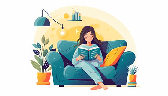 坐在沙发悠闲看书的女孩插画矢量素材(JPG)