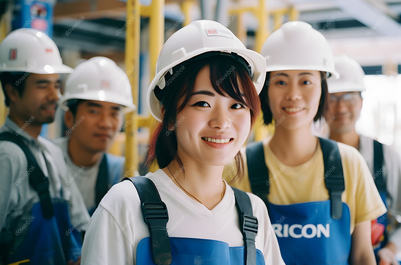 带着白色安全帽微笑的女工人高清图片素材(JPG)