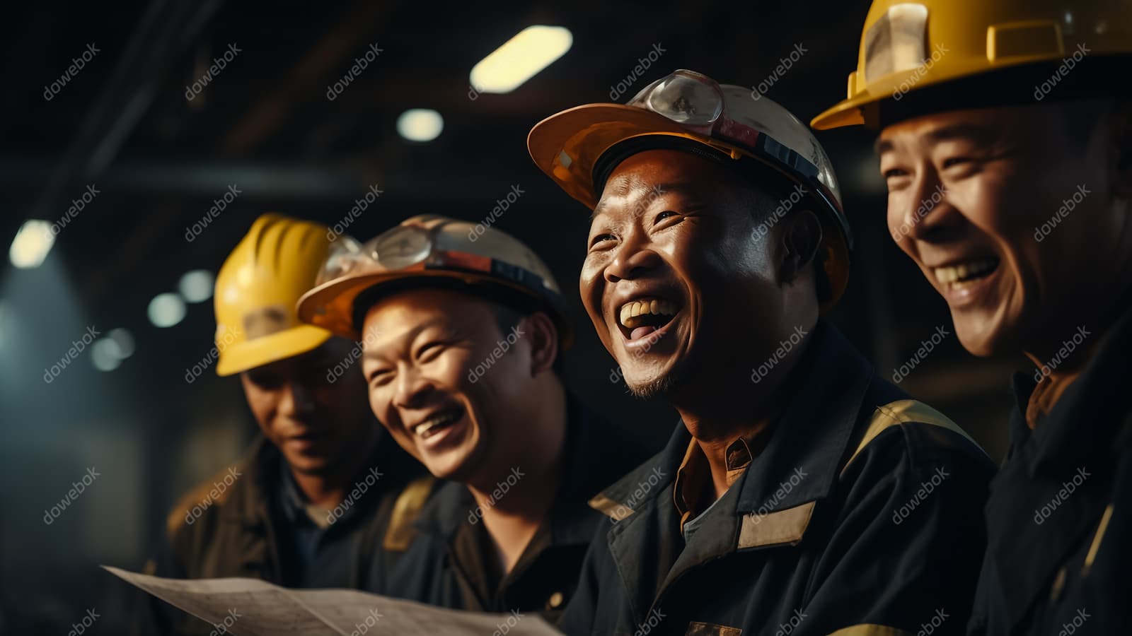 车间里哈哈大笑的工人们高清图片素材(JPG)