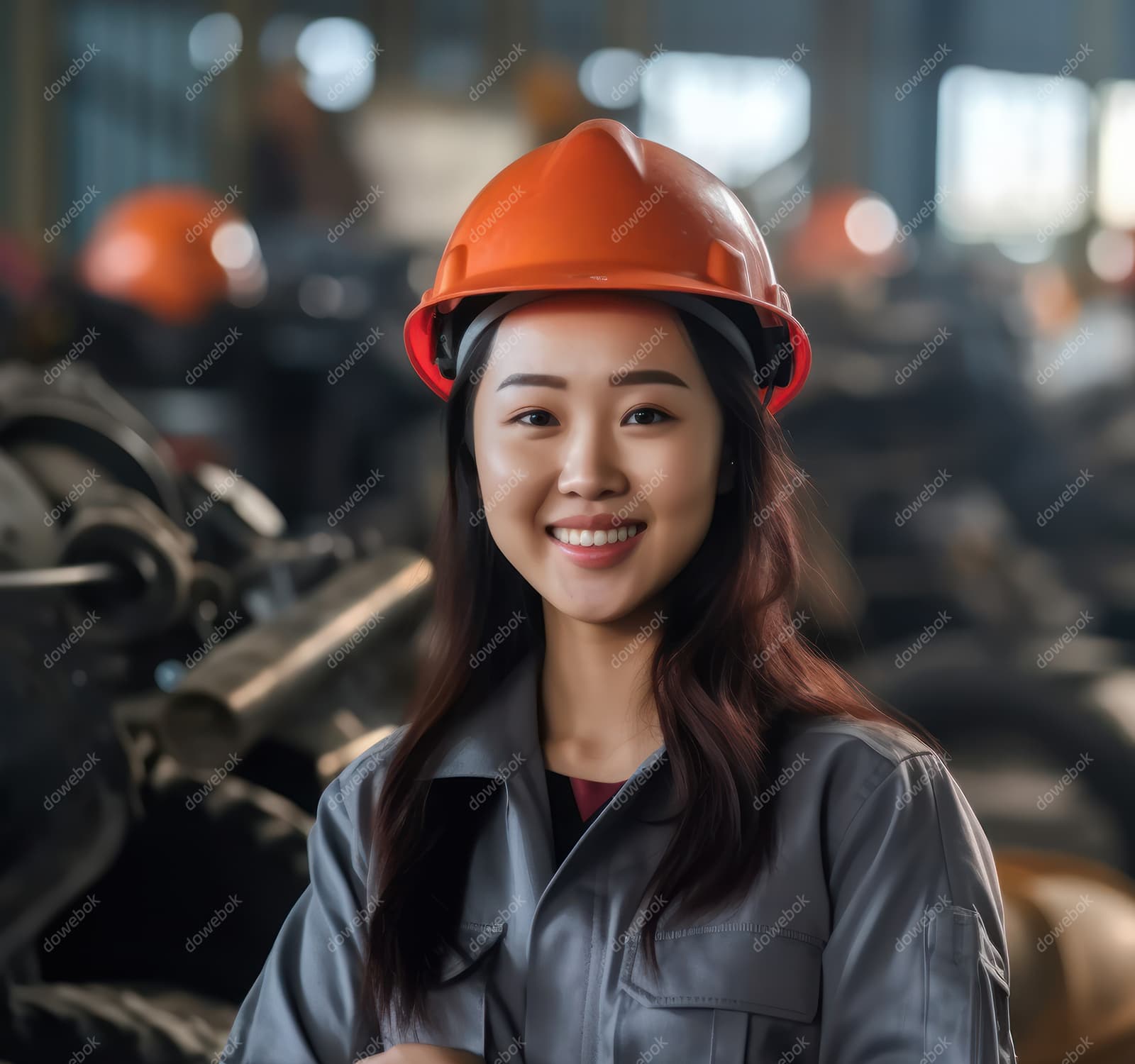 带着橙色安全帽微笑的女工人高清图片素材(JPG)