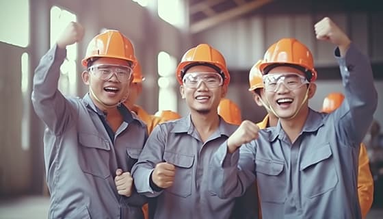 取得工作胜利后握拳庆祝的工人们高清图片素材(JPG)