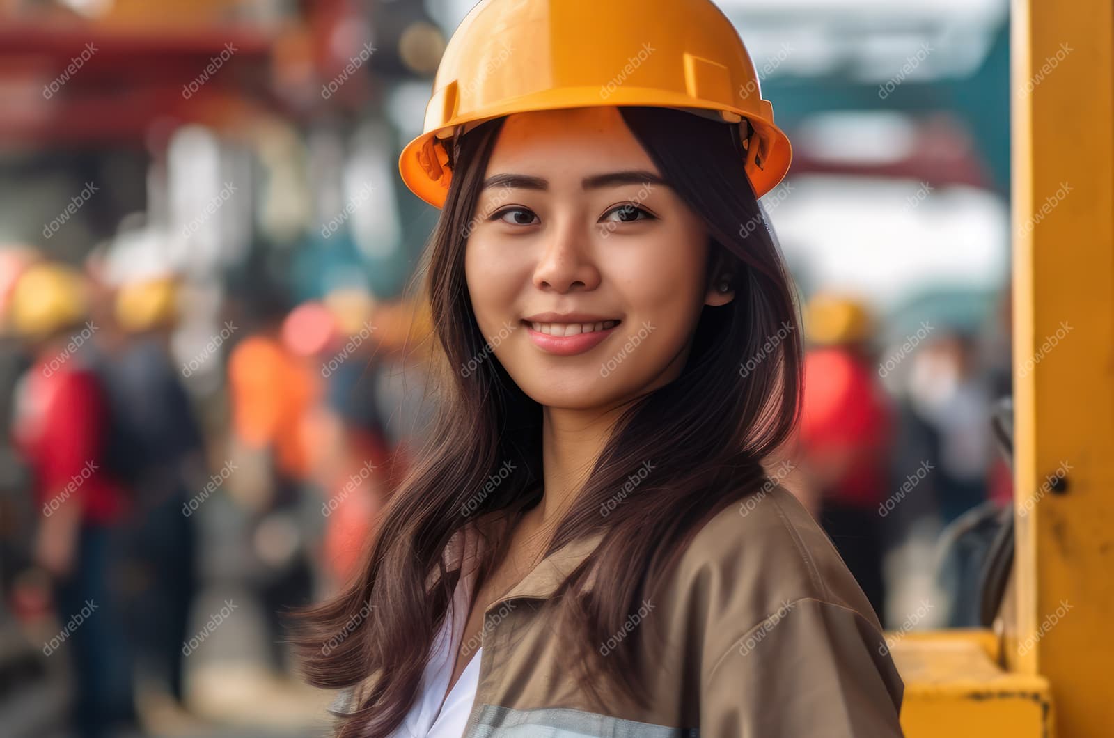 带着安全帽面带微笑的女工人高清图片素材(JPG)