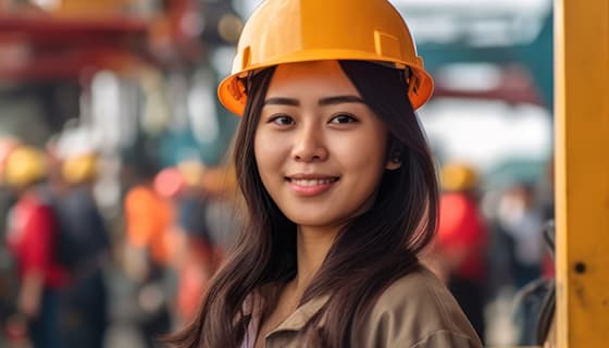 带着安全帽面带微笑的女工人高清图片素材(JPG)