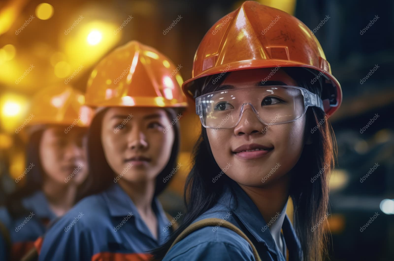 带着安全帽回头看的女工人高清图片素材(JPG)