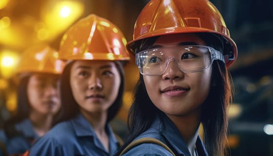 带着安全帽回头看的女工人高清图片素材(JPG)