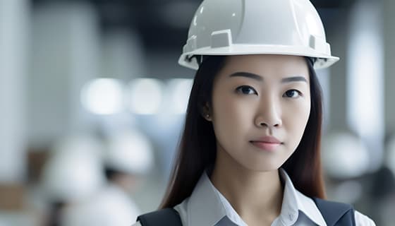 带着白色安全帽年轻女工程师高清图片素材(JPG)