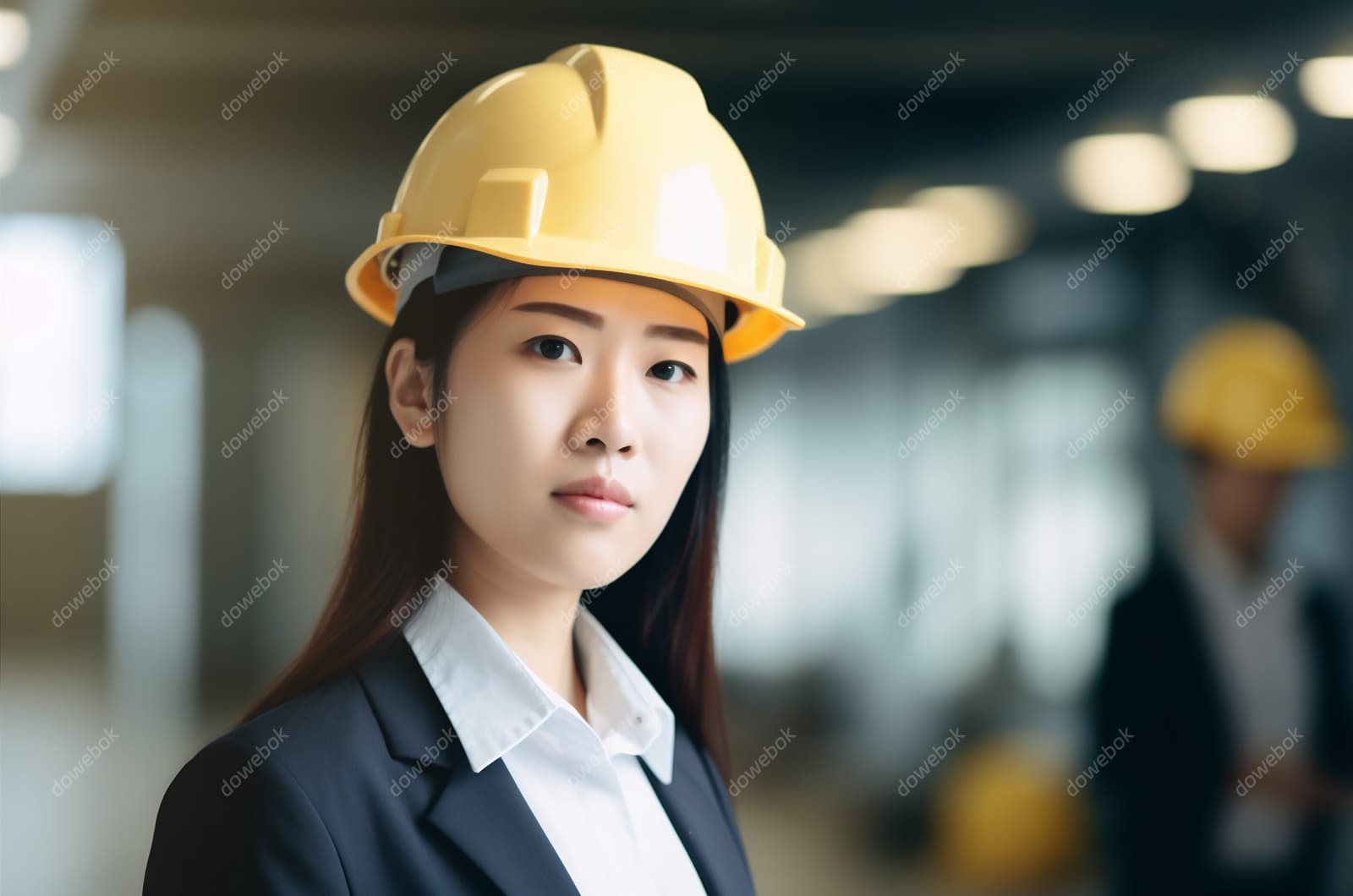 带着黄色安全帽年轻女工程师高清图片素材(JPG)