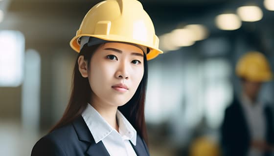 带着黄色安全帽年轻女工程师高清图片素材(JPG)