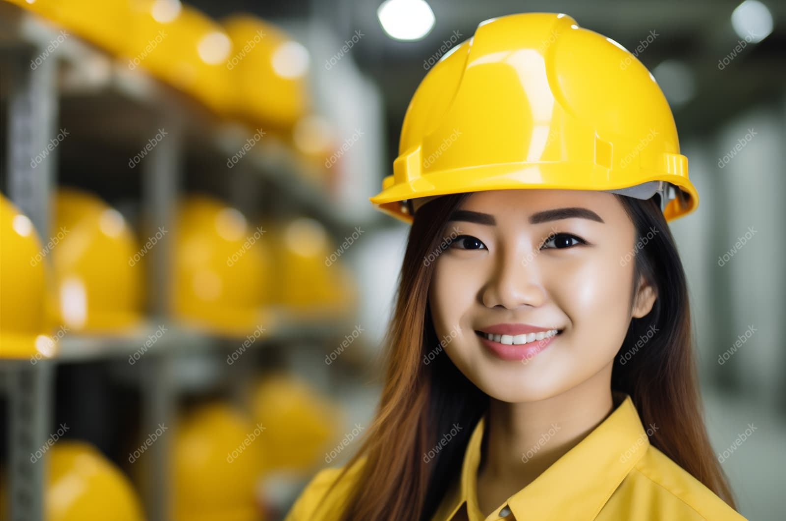 带着黄色安全帽年轻女工程师高清图片素材(JPG)