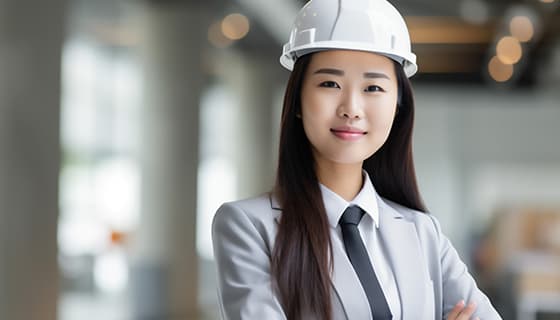 带着白色安全帽年轻女工程师高清图片素材(JPG)