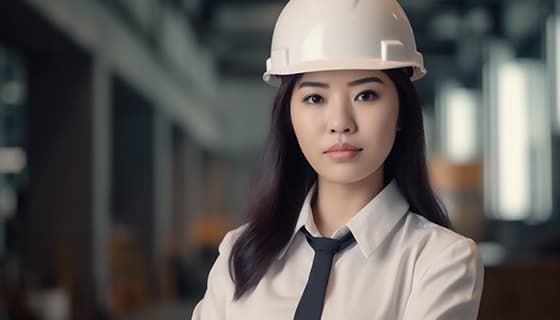 带着白色安全帽年轻女工程师高清图片素材(JPG)