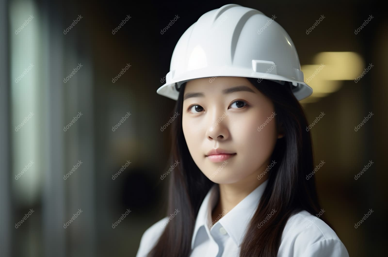 带着白色安全帽年轻女工程师高清图片素材(JPG)