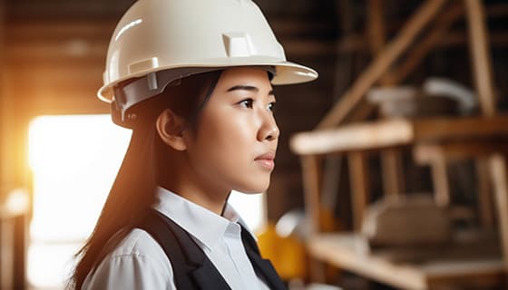 带着白色安全帽年轻女工程师高清图片素材(JPG)