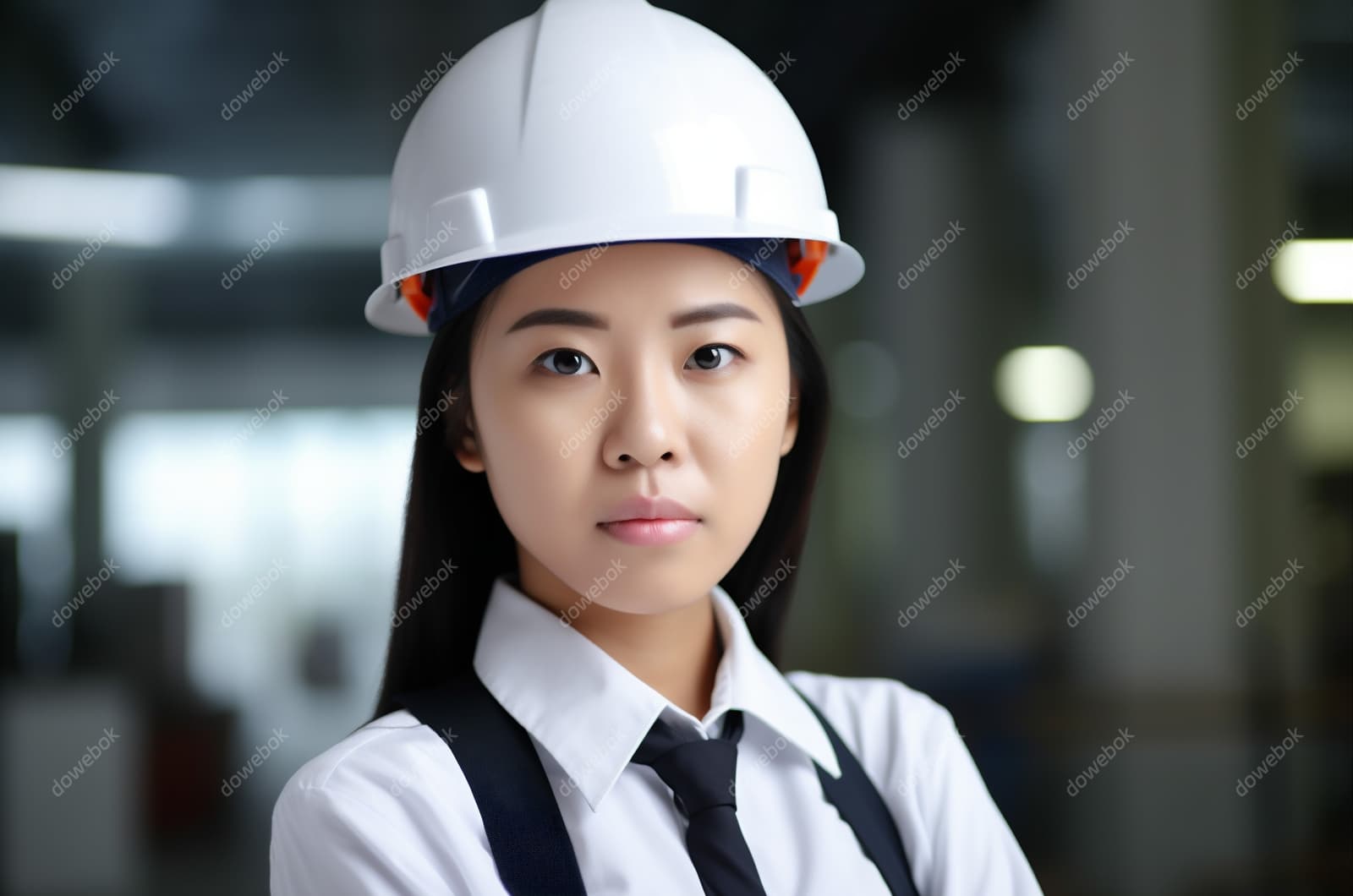 带着白色安全帽年轻女工程师高清图片素材(JPG)