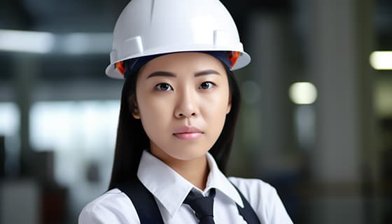 带着白色安全帽年轻女工程师高清图片素材(JPG)