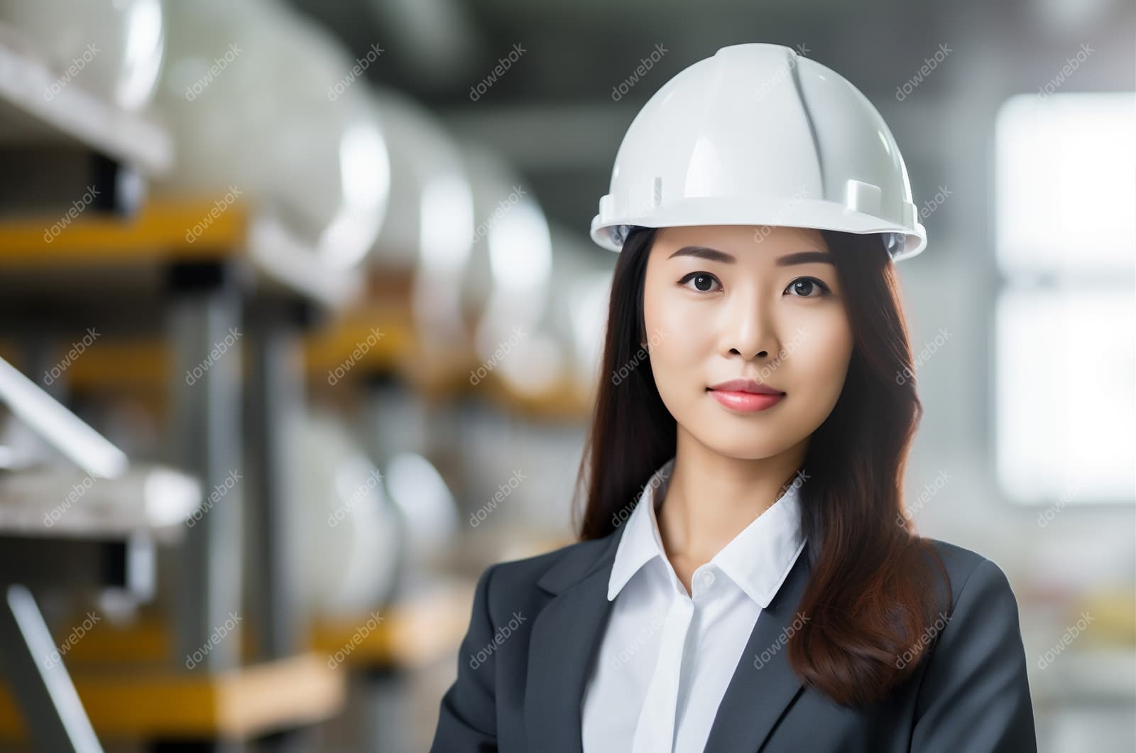 带着白色安全帽年轻女工程师高清图片素材(JPG)