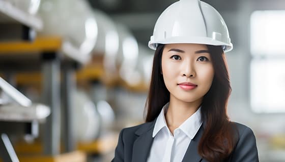 带着白色安全帽年轻女工程师高清图片素材(JPG)