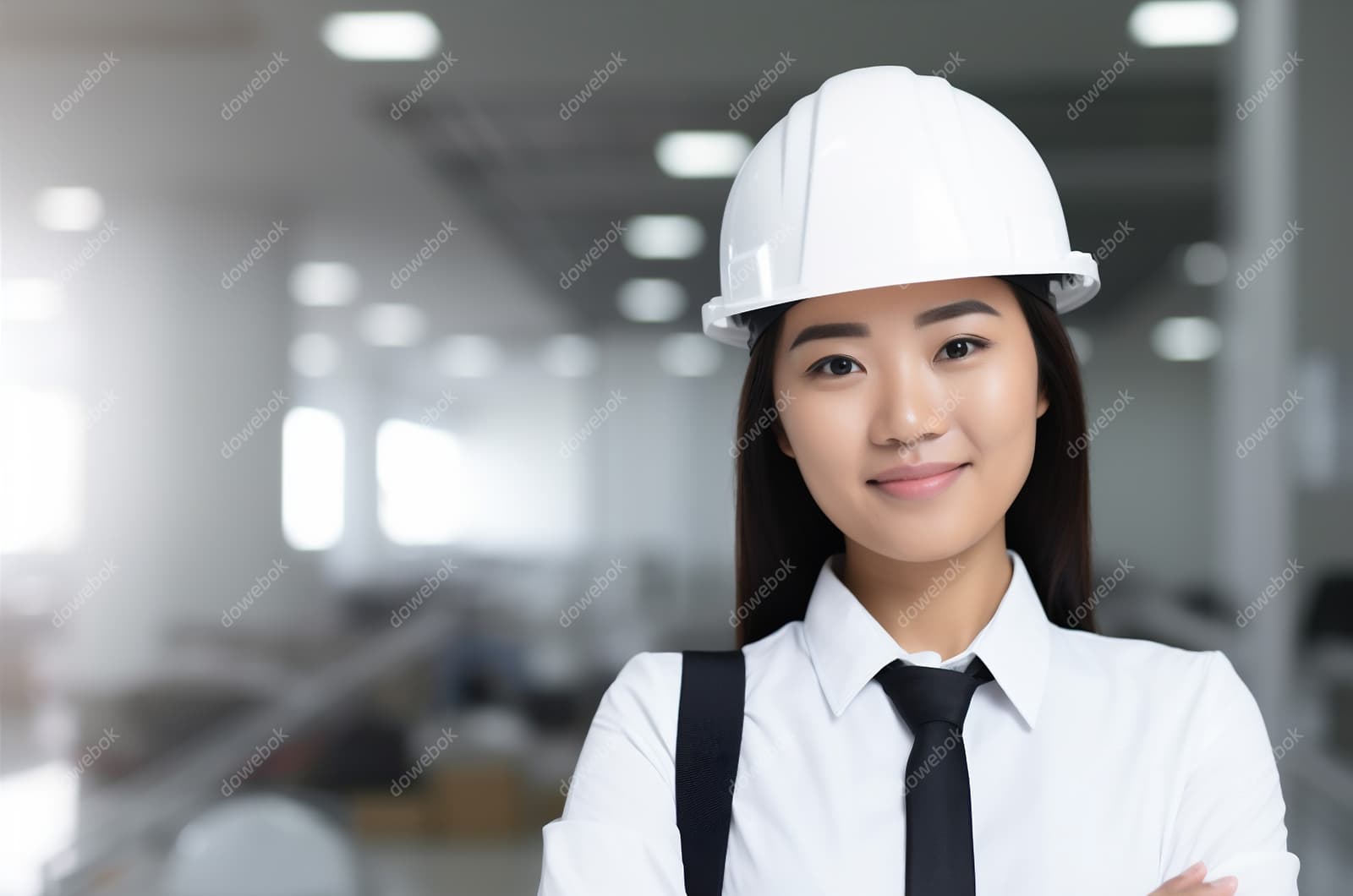 带着白色安全帽年轻女工程师高清图片素材(JPG)