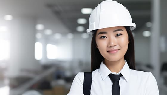 带着白色安全帽年轻女工程师高清图片素材(JPG)
