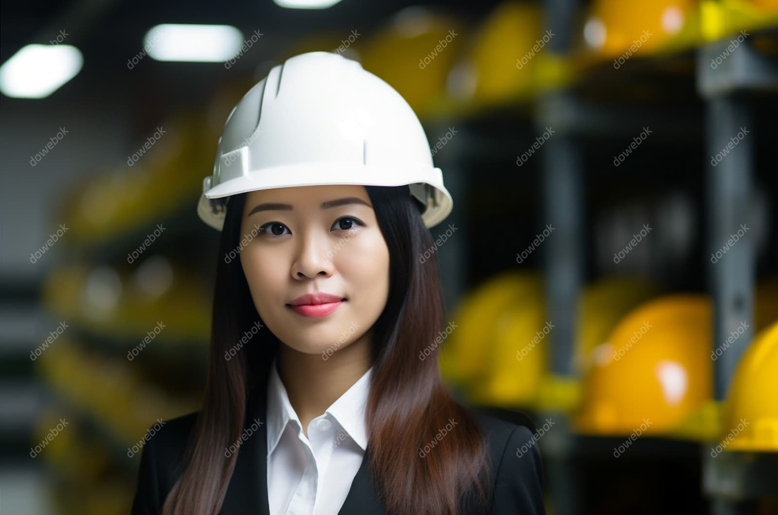 带着白色安全帽年轻女工程师高清图片素材(JPG)