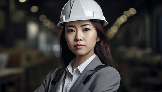 带着白色安全帽年轻女工程师高清图片素材(JPG)