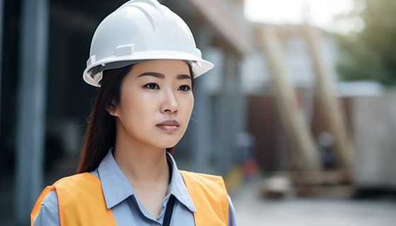 带着白色安全帽年轻女工程师高清图片素材(JPG)