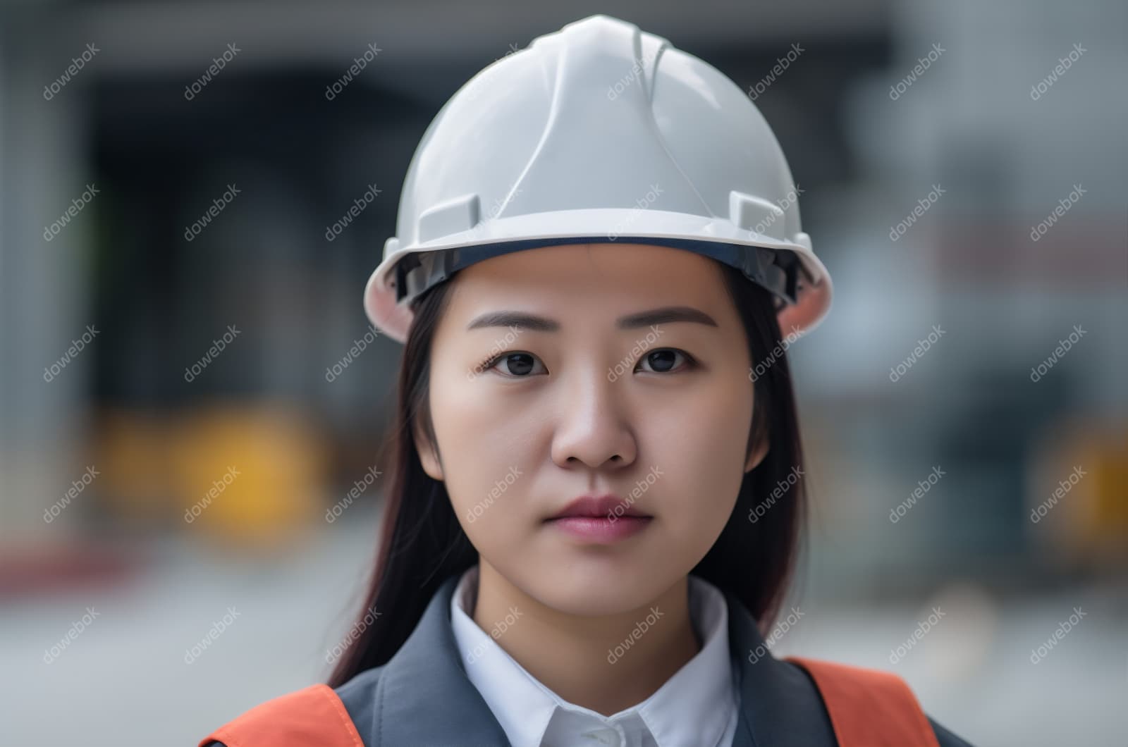 带着白色安全帽年轻女工程师高清图片素材(JPG)