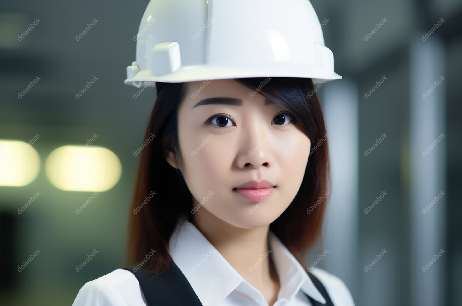 带着白色安全帽年轻女工程师高清图片素材(JPG)