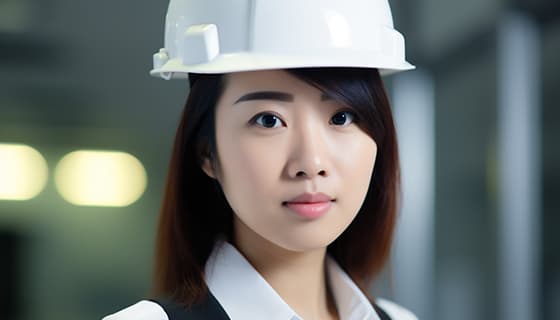 带着白色安全帽年轻女工程师高清图片素材(JPG)