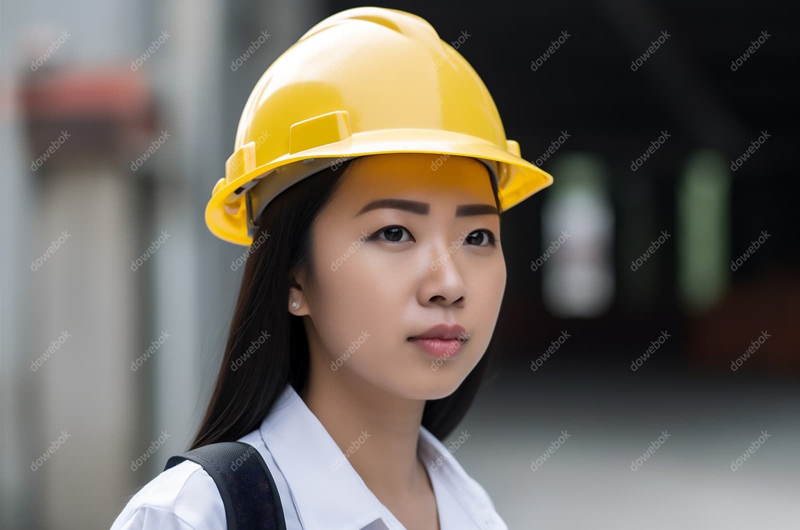 带着白色安全帽年轻女工程师高清图片素材(JPG)