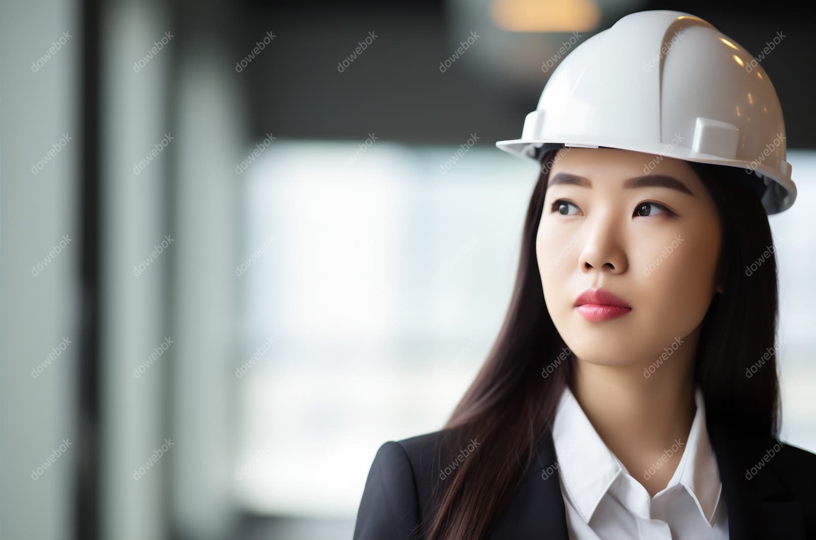 带着白色安全帽年轻女工程师高清图片素材(JPG)