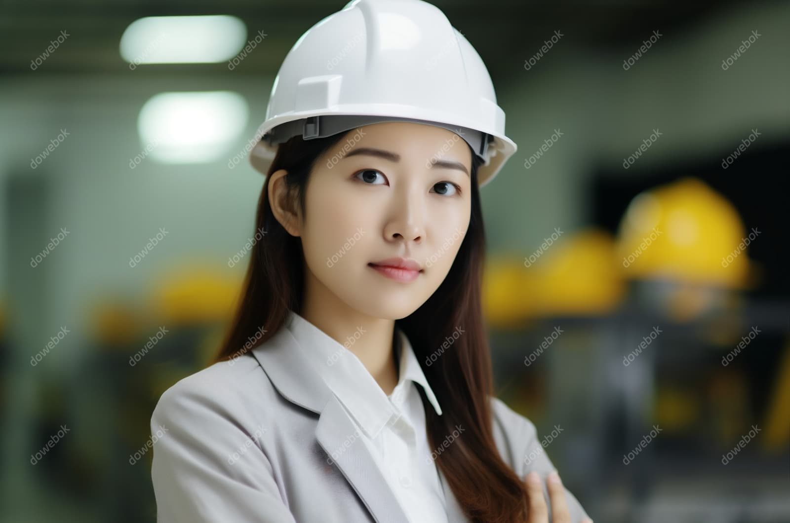 带着白色安全帽年轻女工程师高清图片素材(JPG)